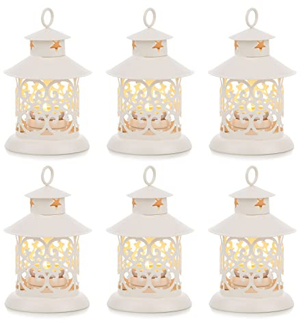 Romadedi Teelicht Laterne Weiß Deko - 6er Set Vintage Laterne Kerze Metall Klein mit Gravur für Kerzen, Tischdeko, Hochzeit, Weihnachten, Ramadan, Balkon, Garten, Outdoor