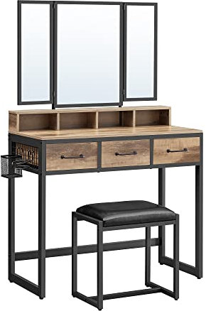 VASAGLE Schminktisch mit gepolstertem Hocker, Frisiertisch mit dreifachem Spiegel, 3 Schubladen, Haartrocknerhalter, Kosmetiktisch, Industriestil, eichenbraun-schwarz RVT004B50