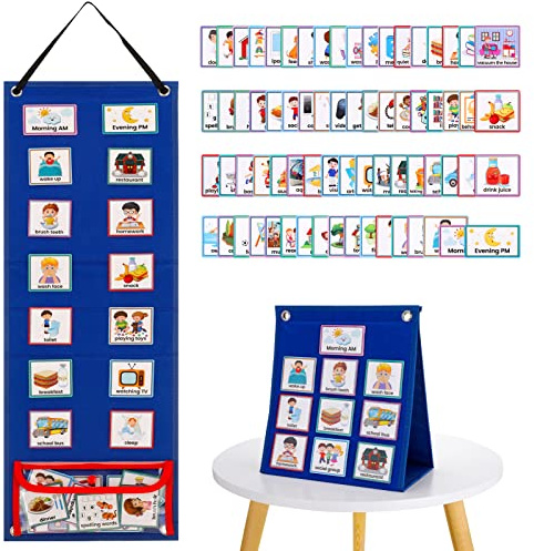 FRIUSATE Visual Timetable, Daily Routine Chart Children Planner Chart Visual Now and Next Board Learning Aid Tool with 70 Pieces Schedule Cards to Support Communication, Routine and Transition