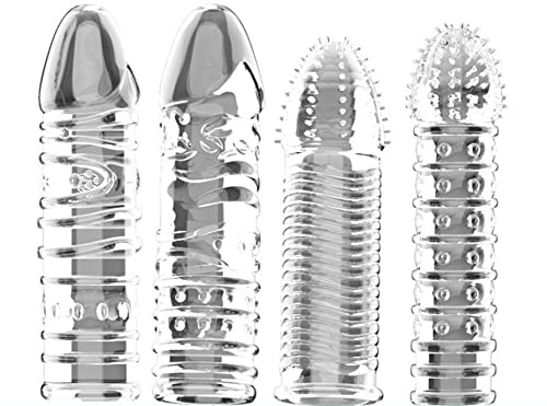 Sponver Threaded Condom Male Condom Adult Lock Crystal Sleeve 4 Designs（Pack of 4） Transparent