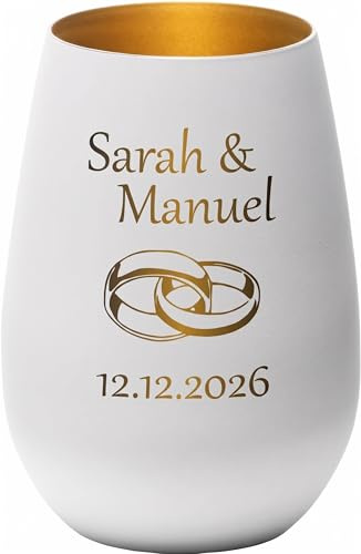 4you Design Windlicht zur Hochzeit personalisiert, Motiv Ring 2 Namen, Datum graviert (Metall-Weiß-Gold), Hochzeitsgeschenk für das Brautpaar, Teelichthalter zur Trauung, Jahrestag, Jubiläum