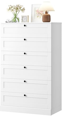 HOSTACK White 6 Drawer Dresser for Bedroom, 52 Tall Dresser & Chest of Drawers, 29 W Wood Drawer Chest, Modern Vertical Storage Cabinet for Living Room, Entryway, Hallway