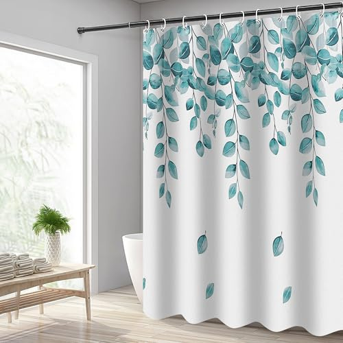 Hoomtaook Rideau de Douche 180x200cm, Rideau Douche Tissu Polyester Imperméable Lavable en Machine avec Ourlet Inférieur Lesté et 12 Crochets pour Salle de Bain, Feuilles Vert