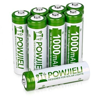 POWJIELI Wiederaufladbare AA-Batterien 1000mAh 8 Stück,NI-MH Solar Akku mit Hoher Kapazität,Vorgeladen 1.2V für Außen-Solarleuchten, Gartenlampen, LED-Lichterketten