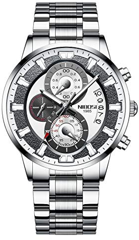 NIBOSI Orologio da Polso Cronografo, Quadrante Bianco e Grigio, Bracciale in Acciaio Inossidabile, Analogico, Impermeabile, Sportivo, Moderno, di Lusso, Casual, Data, Regalo, Indistruttibile, Fashion