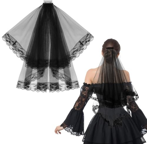 HJZHII Halloween Schwarzer Schleier Jga, Brautschleier, Schleier Bridal Tüll mit Kamm, Brautschleier Schwarz Schleiers Spitze Hexe Cosplay für Junggesellinnenabschied Braut Hochzeit Brautparty Kirche