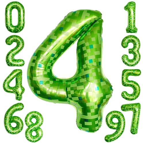 KOBOKO Grön ballong 4 år, 40 tum (40 tum), gröna pixlar, gruvare, folieballong, siffror 4, 101 cm, heliumballong, 4 födelsedag, ballongdekoration 4. Födelsedag, pojke, grön folieballong 4 för