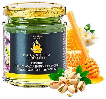 Acacia & Pistachio Honey Spread 250 g Caravella Fine Food | Italian Smooth Creamy Breakfast Delight | Rich Sicilian Pistachio | Spreadable Texture | Perfect for Croissants Pancakes Yogurt Toast Gifts