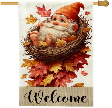 Drapeau de jardin de bienvenue de l'automne, nain orange, feuilles gigognes, décoration extérieure, bannière double face en toile de jute pour décoration de pelouse d'automne, 71 x 101,6 cm