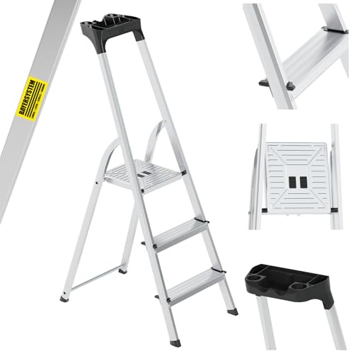 Bayersystem Aluminiumleiter, 3-stufig, mit Werkzeugablage, leicht, klappbar, Tragfähigkeit 150 kg, Stehleiter, tragbar, robust, rutschfest, multifunktional für Zuhause, Lager, Büro
