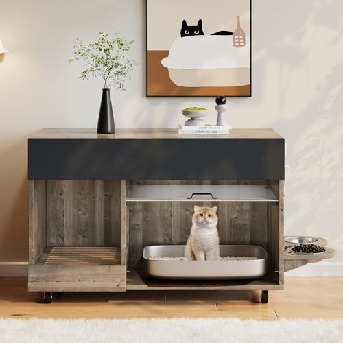 Generisch Armario para arenero para gatos con trampa de arena y 2 platos de comida, 100 x 45,5 x 67 cm, color marrón envejecido (aspecto de roble), espacio para caja de arena extraíble, cajón