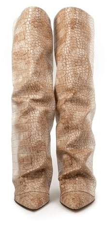 Stivali alti al ginocchio da donna, punta a punta, tacco grosso, stivali impilati, stivali casual con risvolto per autunno e inverno, beige., 43 EU