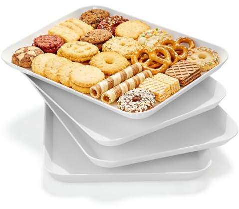 Yuecda 4-Pack Melamine Dishware Plate, White Serving Platters for Party Food, BPA Free, Dishware Plate for Charcuterie Dishes, Reusable Platter for Snacks, Fruit, Cookies, Sandwich