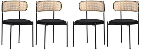 Generisch Esszimmerstuhl mit Wiener Geflecht, Schwarz, Rattanrücken, Gepolsterter Sitz, Metallgestell, 51x45x75 cm, 4er Set