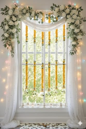 Estationeryhouse Konstgjorda tyggirlanger med guldklockor, 4 fot, 5-pack, bröllopsdekor, Eid, Diwali, Mehndi (gul)