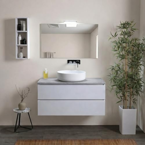 Kiamami Valentina - Mobile bagno sospeso 100 cm bianco con top beton, 2 cassetti, specchio 80x60 e lampada inclusi, già assemblato