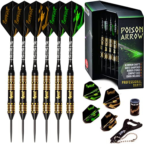 IgnatGames Steel Tip Darts Set - 6 Pack Premium 24 g Brass Barrels Darts Metal Tip Set with Aluminum Shafts, 16 pcs Standard & Slim GlideXPro Flights, Sharpener, Wrench & Exquisite Case