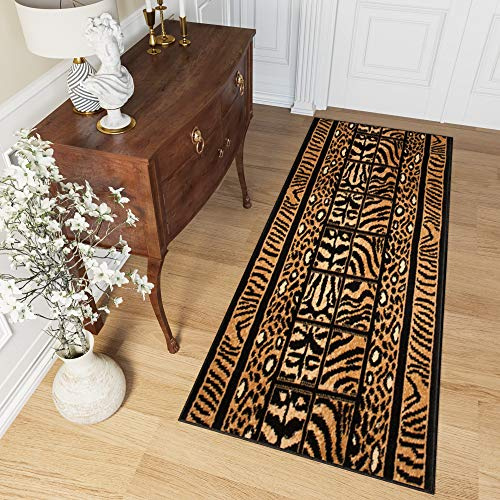 TAPISO Atlas Teppich Läufer Meterware Flur Kurzflor Küche Wohnzimmer Streifen Linien Tiermotiv Tiger Leopard Schwarz Gelb ÖKOTEX 90 x 300 cm