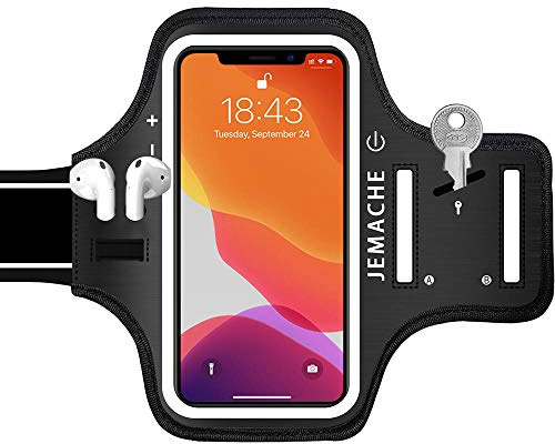 iPhone 17 16 15 Armband with Earphone Holder, JEMACHE Water Resistant Gym Running Workouts Arm Band for iPhone 17 16 15 14 13 12 Pro (Black)