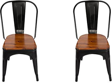 SAM 2er Set Metallstuhl Lina, Schwarz matt, Sitz aus massivem Pinienholz, Esszimmerstuhl im Industrial-Design, stapelbarer Bistrostuhl