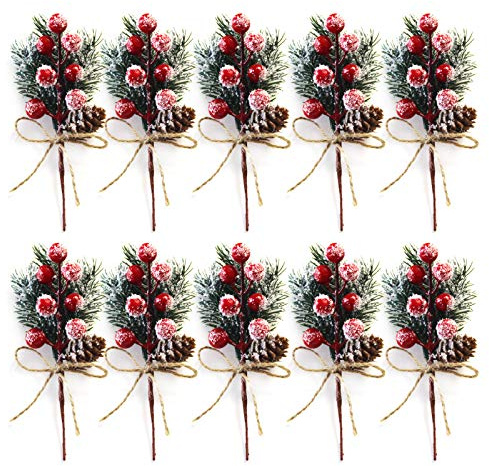 Yumfoz Künstliche rote Beerenzweige 10er-Pack 15 cm Weihnachtsspieße Künstliche Tannenzapfen Stechpalmenstiele für Bastelarbeiten, winterliche Feiertagsblumen-Spieße für Bastelarbeiten