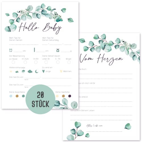 Things of Happiness 20 x Babyparty Ratespiel Karten zum Ausfüllen | Baby Tippkarten Jungen & Mädchen | Spiel Babyshower Party | Geschenk Geburt mit Wünschen fürs Baby (Eucalyptus)