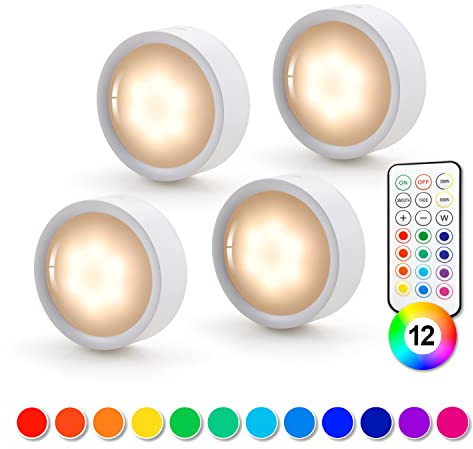 da LIGHT LED-belysning under skåp, set om 4, RGBW-spotlights med fjärrkontroll, trådlösa skåplampor med batteri, dimbar skåpbelysning för trappor, vitrinskåp, kök