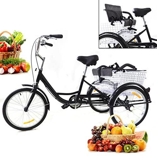 SABUIDDS 3 Räder Fahrrad Erwachsene 24 Zoll Dreirad Für Erwachsene 7 Gang Dreirad für Erwachsene Mit Einkaufskorb für Erwachsene und ältere Menschen, Sport, Einkaufen, Freizeit (schwarzer)