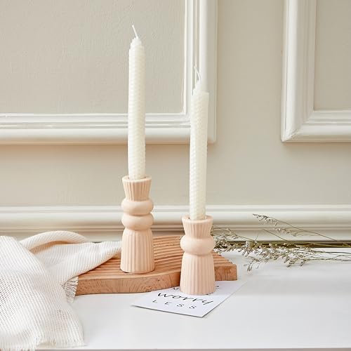 Denique Keramik-Kerzenhalter, 2er-Set, kreativ, modern, Knoten, Kerzenhalter-Set, Tischdekoration, Kegelkerzenhalter, Desktop-Dekoration für Heimdekoration, Hochzeit, Abendessen, Party (Beige)