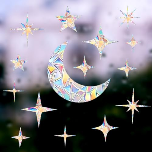 GORGECRAFT 4 hoja de Pegatinas Adhesivas para Ventana de Luna Estrellas Atrapasueños Planeta Universal Película para Ventanas Vinilo Prismático No Adhesivo Anticolisión Atrapasoles Calcomanías,30x22cm