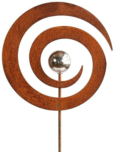 Manufaktur Lichtbogen Rost Gartenstecker Spirale mit Edelstahlkugel 114 cm Edelrost Gartendeko Rostdeko
