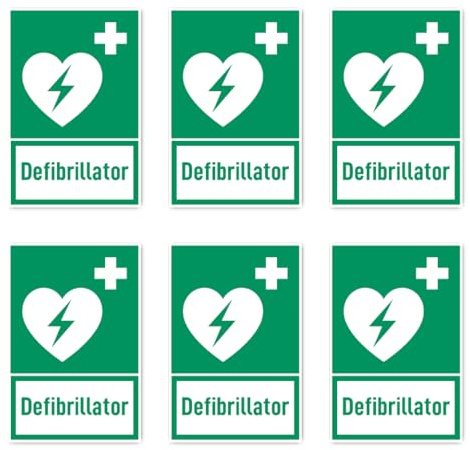 Aufkleber: 75x50 mm, 6 Stück - Automatisierter Externer Defibrillator (AED) - Rettungszeichen mit Text (deutsch) (grün/weiß) - hochkant - E010 - DIN EN ISO 7010 / ASR A1.3