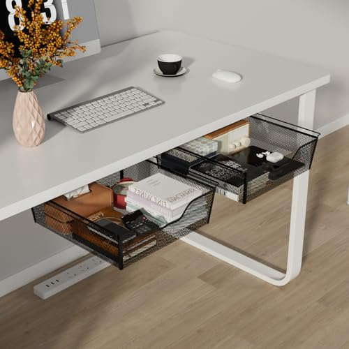 2 Pack Tiroir Sous Bureau Autoadhésif Rangement Tiroir Bureau Grille Noir | Tiroir Coulissant Rangement Sous Bureau Métal avec 2 Vis, Tiroir Rangement Autoadhésif pour Bureau Chambre Cuisine