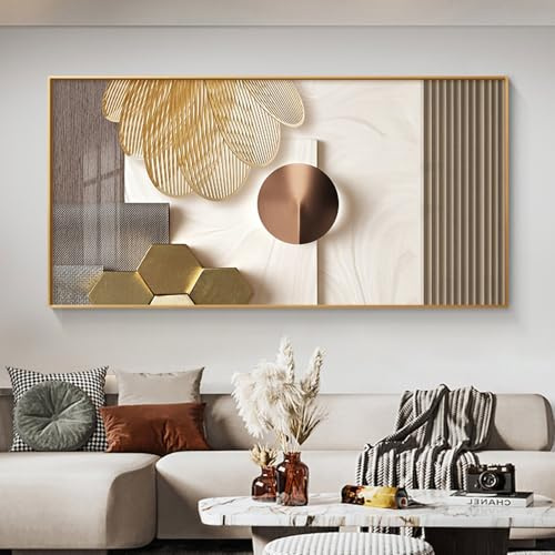 FSLEOVN Abstraktes Geometrisches Leinwandbild XXL, Moderner Wohnzimmer Deko (Beige Gold, 60x120cm)