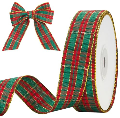 jijAcraft Weihnachtsband 25mm Breit, Rot und Grün Weihnachten Dekoband, Kariertes Band mit Goldkante, 22M Geschenkband für Weihnachtsbasteleien, Geschenkverpackungen und Weihnachtsbaum-Girlandendeko