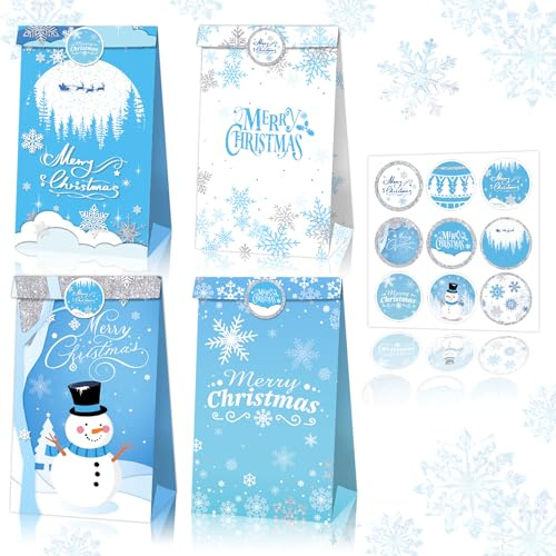12 Stück Blau Papiertüten Weihnachten,Geschenktüten,Weihnachtstüten,Geschenkschachtel Weihnachten,Weihnachtstüten Klein,mit 18 Weihnachtsaufklebern,Für Weihnachtsgeburtstagsfeierzubehör (22x12x8cm)