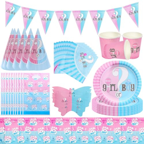 87pcs Gender Reveal Vaisselle Fille ou Garcon Baby Shower Gender Reveal Footprints Party Assiette Kit Serviettes Assiette Tasse Nappe Deco Table Couvert Fournitures Fête Bébé Baptême-10 Invités