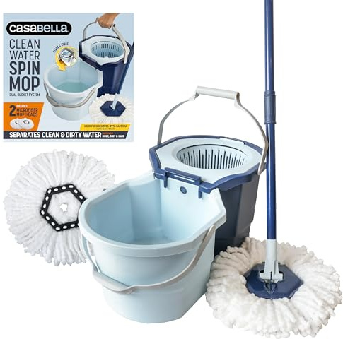 Casabella Sistema de fregona giratoria de agua limpia con recambio de cabezal de fregona adicional, sistema de fregona de diseño de dos cubos, protector contra salpicaduras, taza de medición integrada | Con Repuesto Cabezal Fregona, Sistema Diseño Dos Cubos, Protector Salpicaduras, Taza Medición Integrada, Microfibra