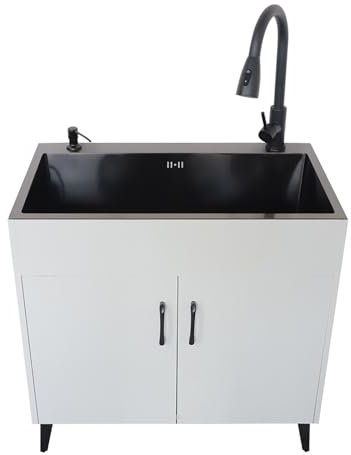 Küchenspüle mit Schrank, Waschspüle mit Schrank, gewerbliche Spüle mit Einzelbecken, mit Kalt- und Warmwasserhahn, mit Seifenspender, für Garage, Restaurant, Küche, Waschküche/Hauswirtschaft