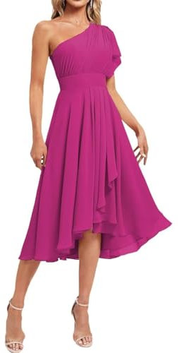 Vestido de dama de honor de princesa con un hombro descubierto, vestido de gasa formal para fiesta de noche, vestido corto, fucsia, 36