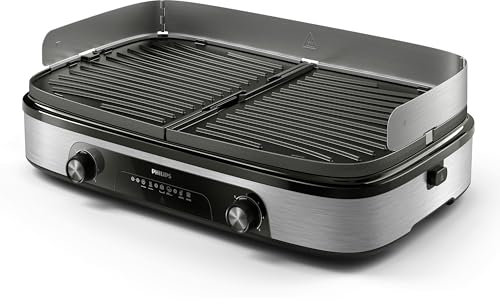 Philips Barbecue da tavolo serie 5000 – Grande griglia per famiglia, piastre reversibili, due zone di riscaldamento, 5 livelli di temperatura, 2400 W, rivestimento antiaderente, lavabile in