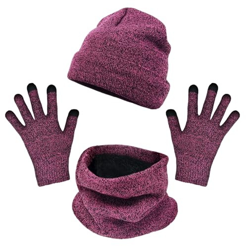 TUONYIS 3 Piezas Juego Gorros, Bufandas y Guantes De Invierno, Gorro TéRmico de Punto Para Invierno, Calentador De Cuello y Guantes Para Pantalla TáCtil para Deportes Diarios al Aire Libre (Rosa Roja)