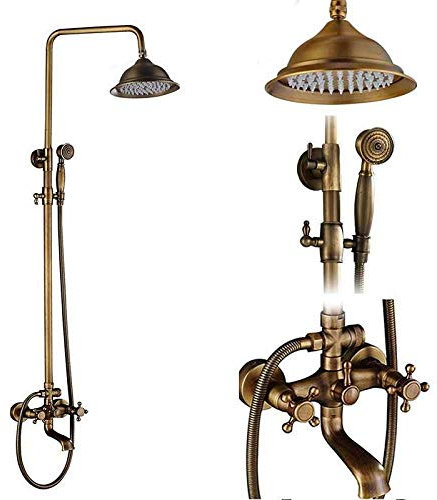 Système de douche en laiton antique avec colonne de douche en porcelaine et céramique - Bec pivotant - Double boutons - Robinet mitigeur pour douche et baignoire