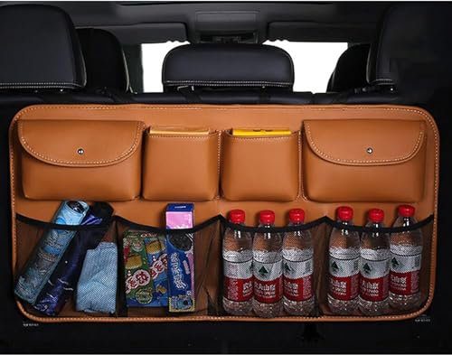 OINTJWWO Auto Kofferraum Organizer für VW Beetle Passat Jetta B6 B7 B8, Faltbare HäNgende Aufbewahrungstasche Wasserdicht mit Fächern Rückenlehnenschutz Innere Zubehör,C/Brown