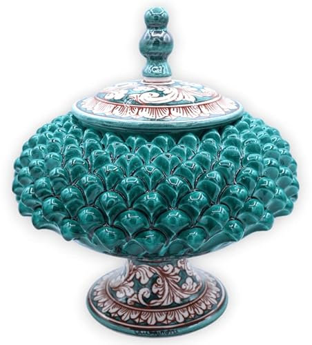 SICILIA BEDDA CAPACI Biscottiera Pigna con Gambo, Ceramica Caltagirone, h 30 x Ø 25 cm ca. Verderame, Decoro Barocco Bianco su Fondo Verde
