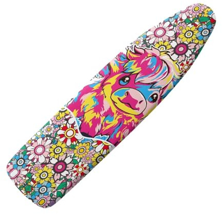 ZIATUBLES Hippie Flower Highland Cow Print Ironing Board Cover with Elastic Edge and Hook and Loop Fastener Straps, Anti-Slip Ironing Board Cover for Women Men, 2XL