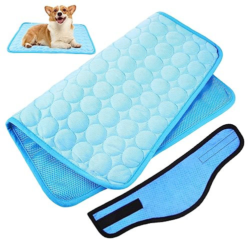 CIYODO Dog Instant Cooling Bandana and Ice Silk Cooling Mat Set m Size 62x50cm Pad Scarf Black Edge for Medium Dogs