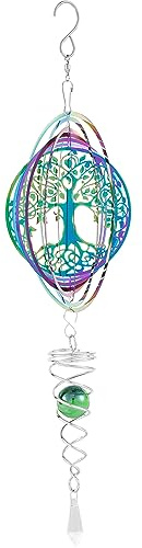 Windspiel Metall 3D, Rotierendes Windspiel „Baum des Lebens“, Windspiele für Draußen Hängend mit Kristallkugel, 3D Mandala-Windspiele, Hängend Fenster, Garten, Außenbereich