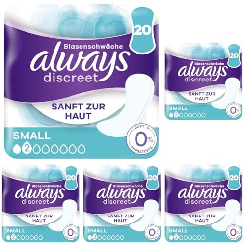 Always Discreet Inkontinenz-Slipeinlagen Damen, Small (20 Binden) ohne Duft und Farbstoffe, starker Schutz, den Sie kaum spüren (Packung mit 5)