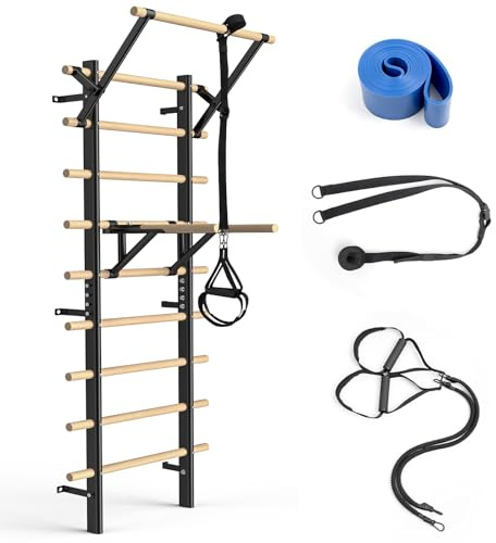 Espaliers muraux avec barre de traction et barres de dip - 220 cm - Montage mural - Mur d'escalade en bois pour adultes et enfants - Appareil de fitness à la maison